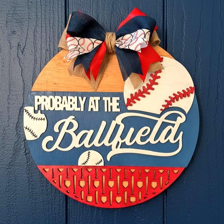 Baseball Sign Probably at the Ballfield: Multi-Layered Wooden Decor with Bow