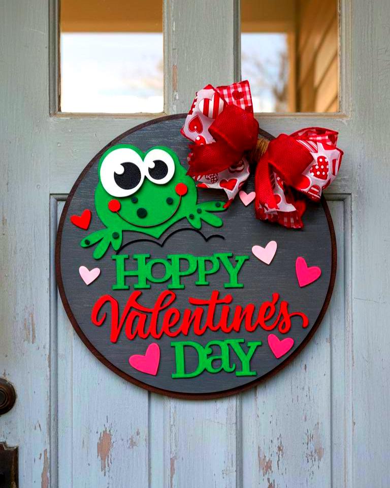 Hoppy Valentine’s Day Wooden Sign | Valentine Door Hanger | Frog Decor | Handmade Holiday Sign Handmade Wood Door Hanger