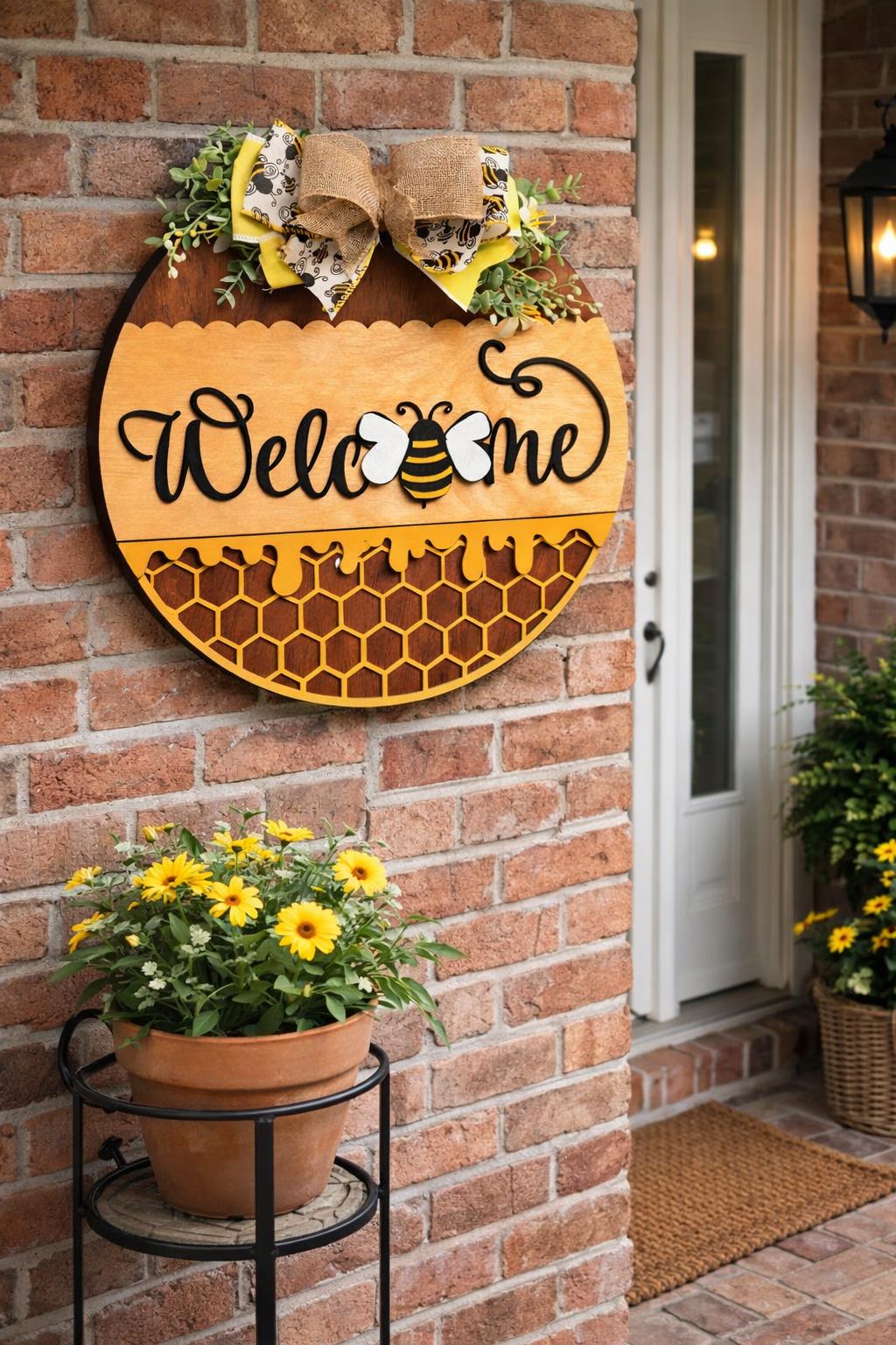 Welcome Honey Bee Wooden Door Sign, Bumble Bee Farmhouse Spring Summer Decor