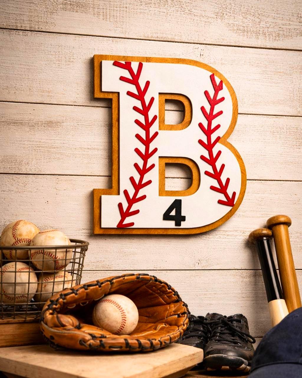 Personalized Baseball Letter Sign with Custom Number • Wooden Sports Wall Hanging • Baseball Room Decor