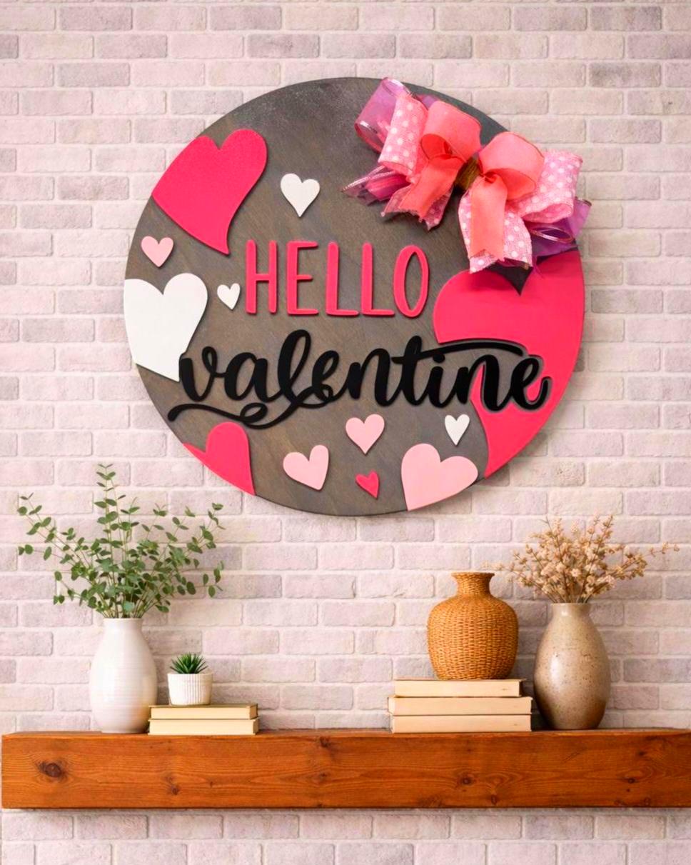 Hello Valentine Wooden Door Hanger | Heart Decor | Layered Wood Round Sign with Bow Seasonal Door Hanger