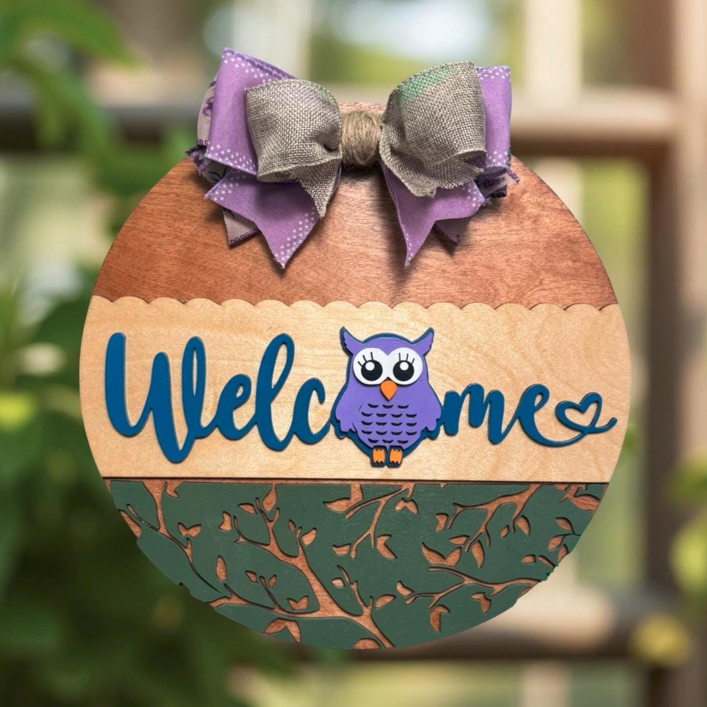 Handmade Owl Welcome Sign – 14" Layered Wood Round with Bow – Front Door Decor for Spring, Summer, or Mother’s Day – Owl Lover Decor