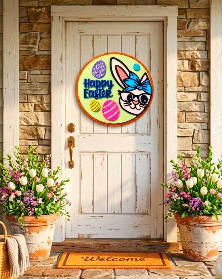 Happy Easter Wooden Sign | Bunny Door Decor | Spring Porch Door Hanger | Handmade Wall Hanging Seasonal Door Hanger