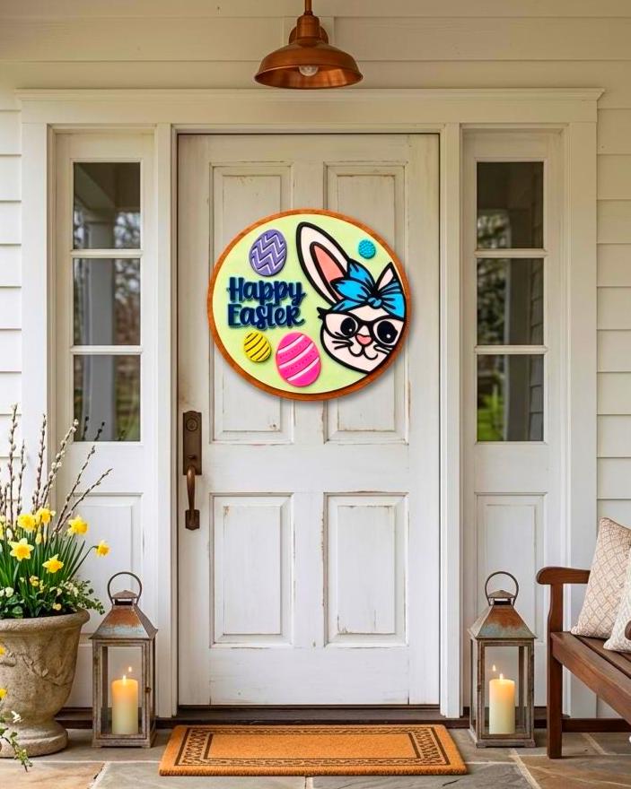 Happy Easter Wooden Sign | Bunny Door Decor | Spring Porch Door Hanger | Handmade Wall Hanging Seasonal Door Hanger