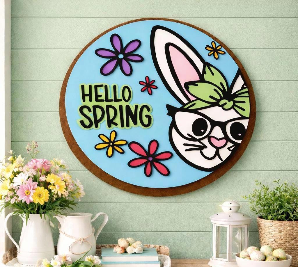Hello Spring Bunny Sign | Layered Wooden Door Hanger for Spring