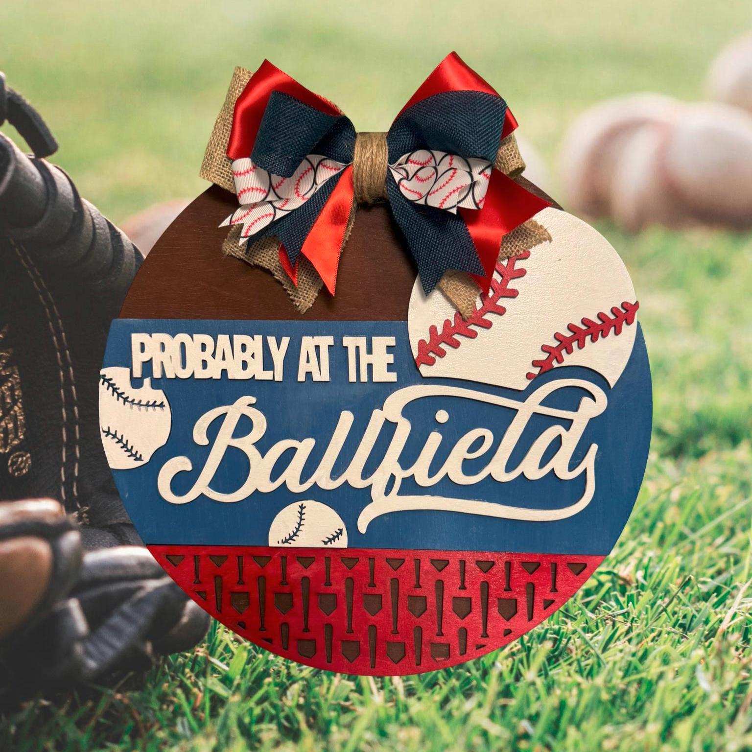Baseball Sign Probably at the Ballfield: Multi-Layered Wooden Decor with Bow