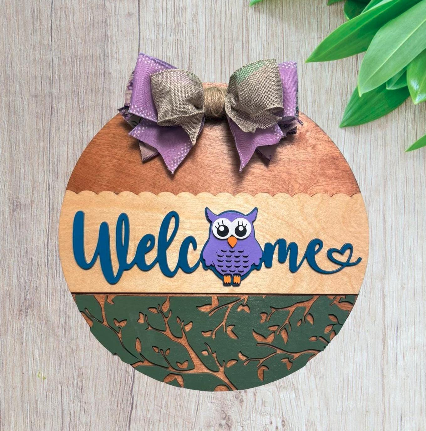 Handmade Owl Welcome Sign – 14" Layered Wood Round with Bow – Front Door Decor for Spring, Summer, or Mother’s Day – Owl Lover Decor