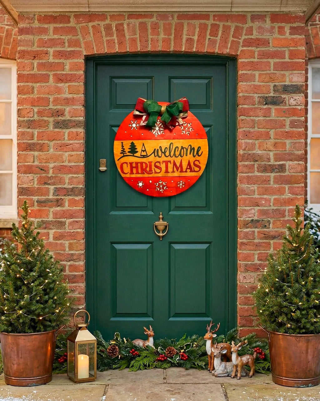 Welcome Christmas Sign – Round Wooden Door Hanger – Layered Holiday Decor with Seasonal Bow Seasonal Door Hanger