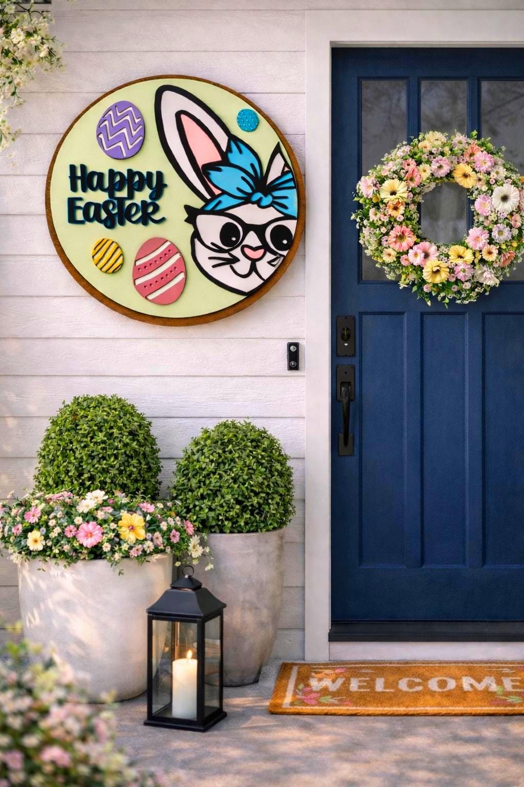 Happy Easter Wooden Sign | Bunny Door Decor | Spring Porch Door Hanger | Handmade Wall Hanging Seasonal Door Hanger