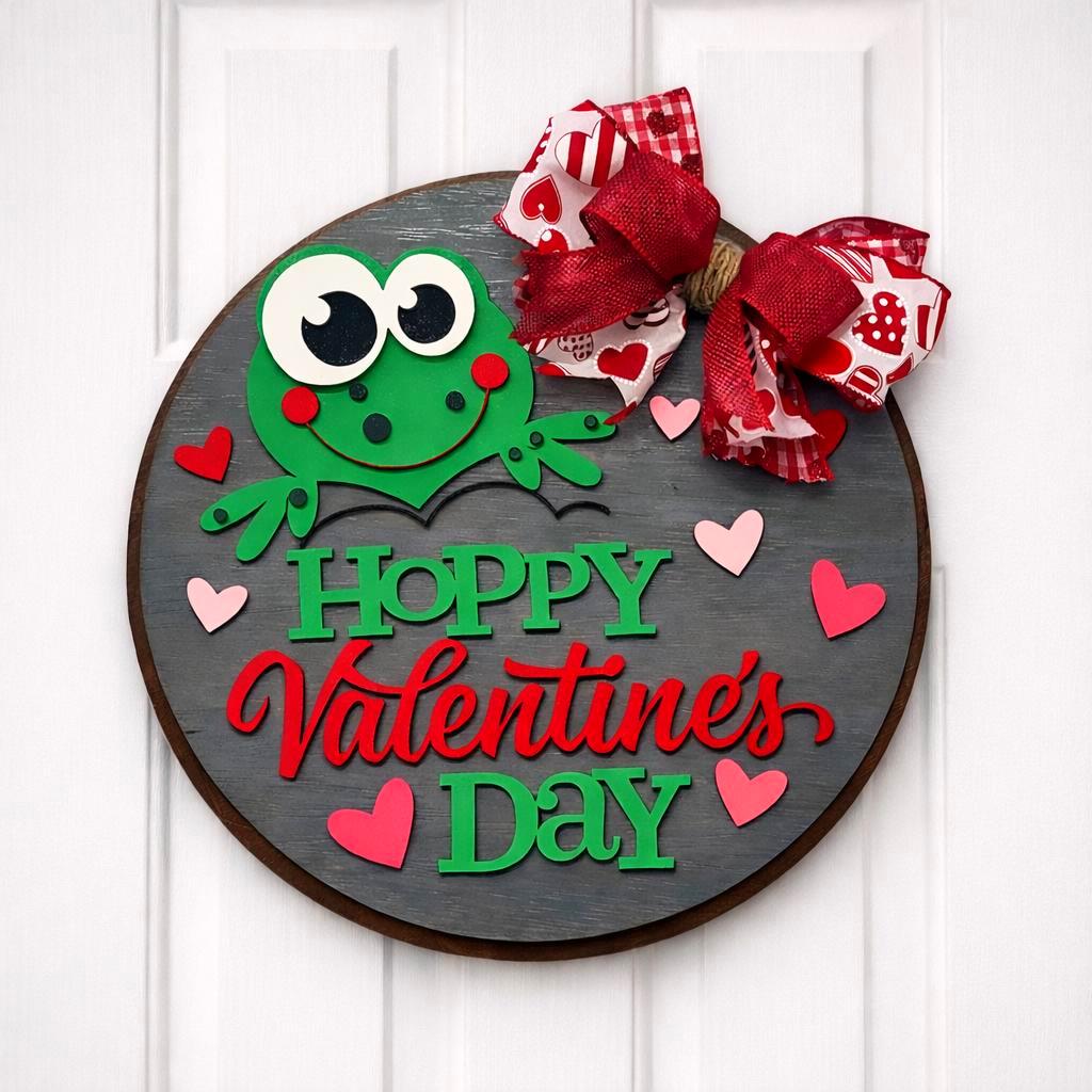 Hoppy Valentine’s Day Wooden Sign | Valentine Door Hanger | Frog Decor | Handmade Holiday Sign Handmade Wood Door Hanger