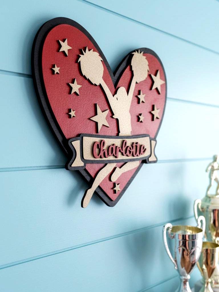 Personalized Cheerleader Heart Sign | Custom Name Wooden Cheer Decor | Girls Sports Room Wall Art Handmade 3D Wood Sign