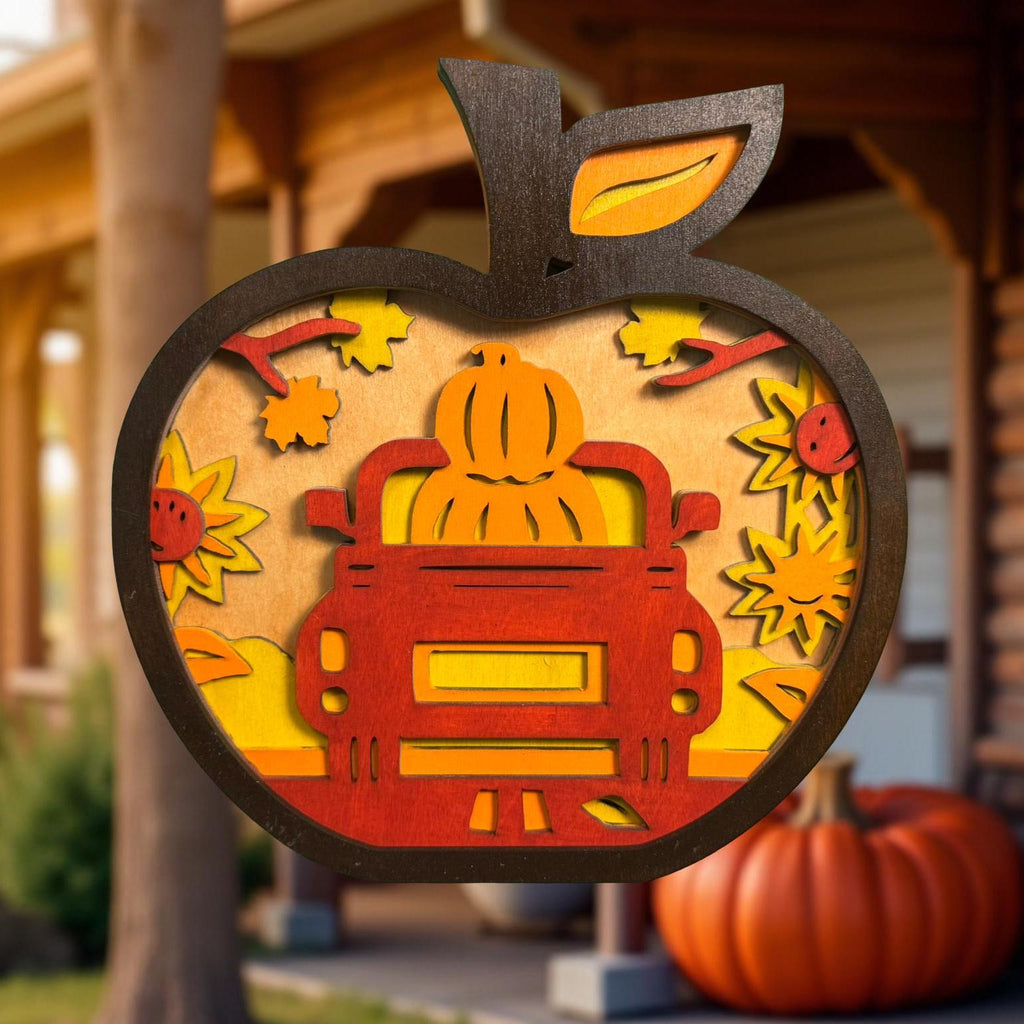 Layered Wooden Apple Truck Sign – Rustic Farmhouse Fall Decor Handmade Seasonal Decor