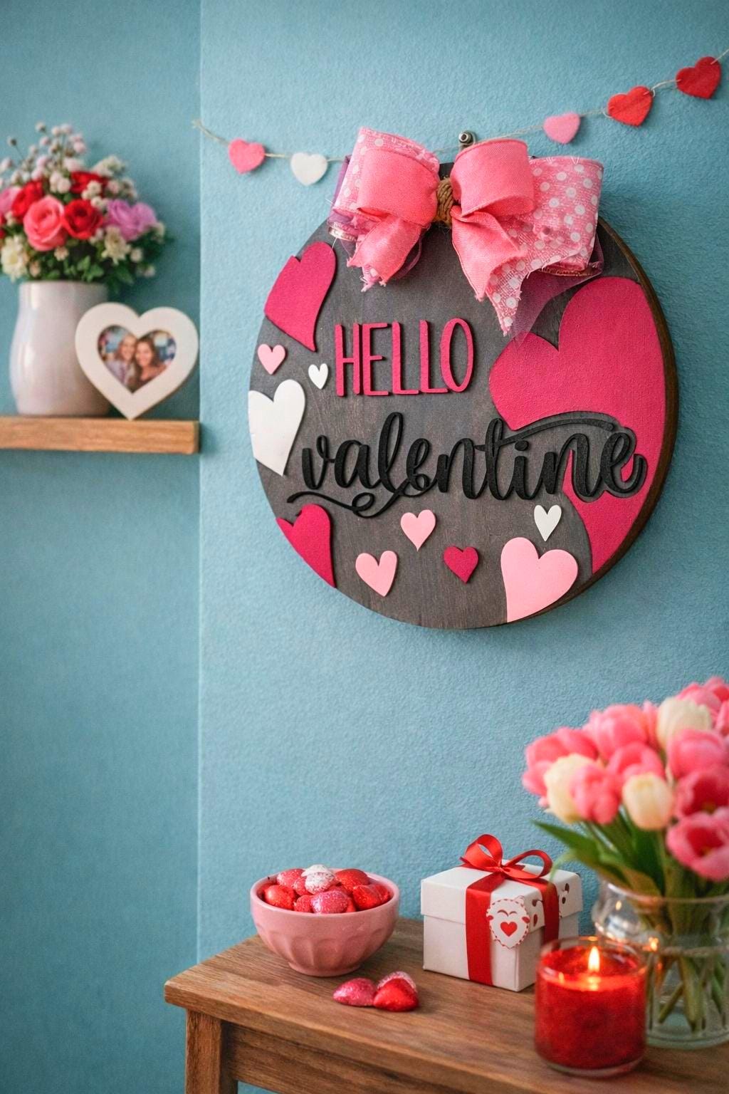 Hello Valentine Wooden Door Hanger | Heart Decor | Layered Wood Round Sign with Bow Seasonal Door Hanger