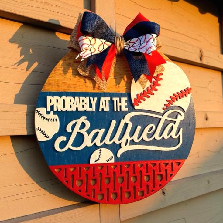 Baseball Sign Probably at the Ballfield: Multi-Layered Wooden Decor with Bow