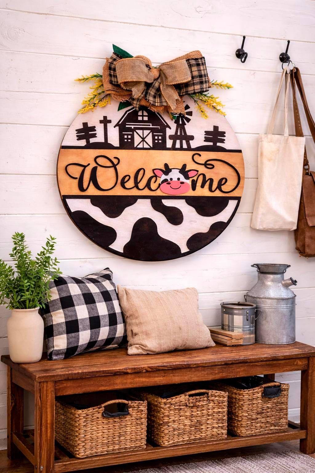 Farmhouse Cow Welcome Sign – Round Wooden Door Hanger with Bow – Country Porch Decor