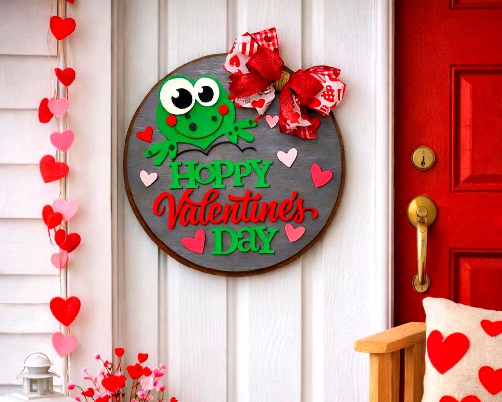 Hoppy Valentine’s Day Wooden Sign | Valentine Door Hanger | Frog Decor | Handmade Holiday Sign Handmade Wood Door Hanger