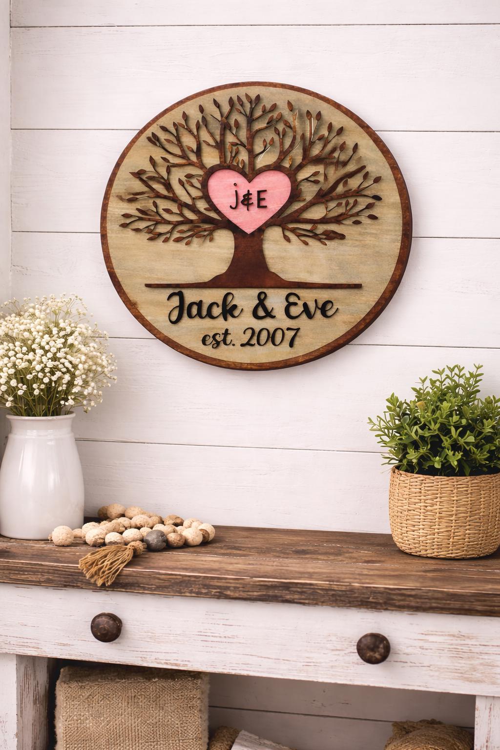 Personalized Tree of Life Wood Sign | Anniversary, Romantic or Love Gift with Initials
