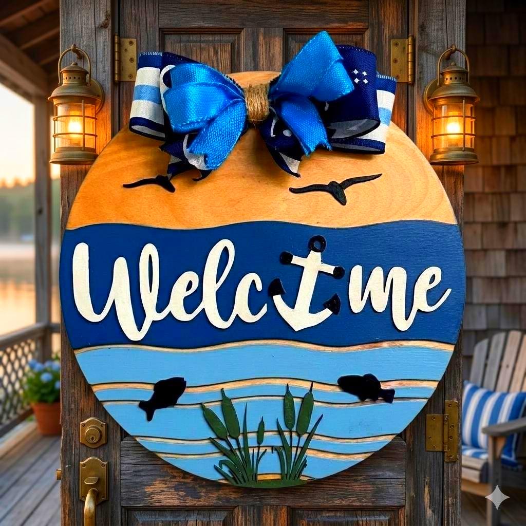 Coastal Welcome Sign | Nautical Wooden Door Hanger | Beach Lake Ocean Waterfront House Decor