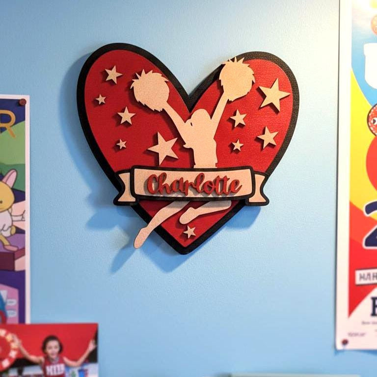 Personalized Cheerleader Heart Sign | Custom Name Wooden Cheer Decor | Girls Sports Room Wall Art Handmade 3D Wood Sign