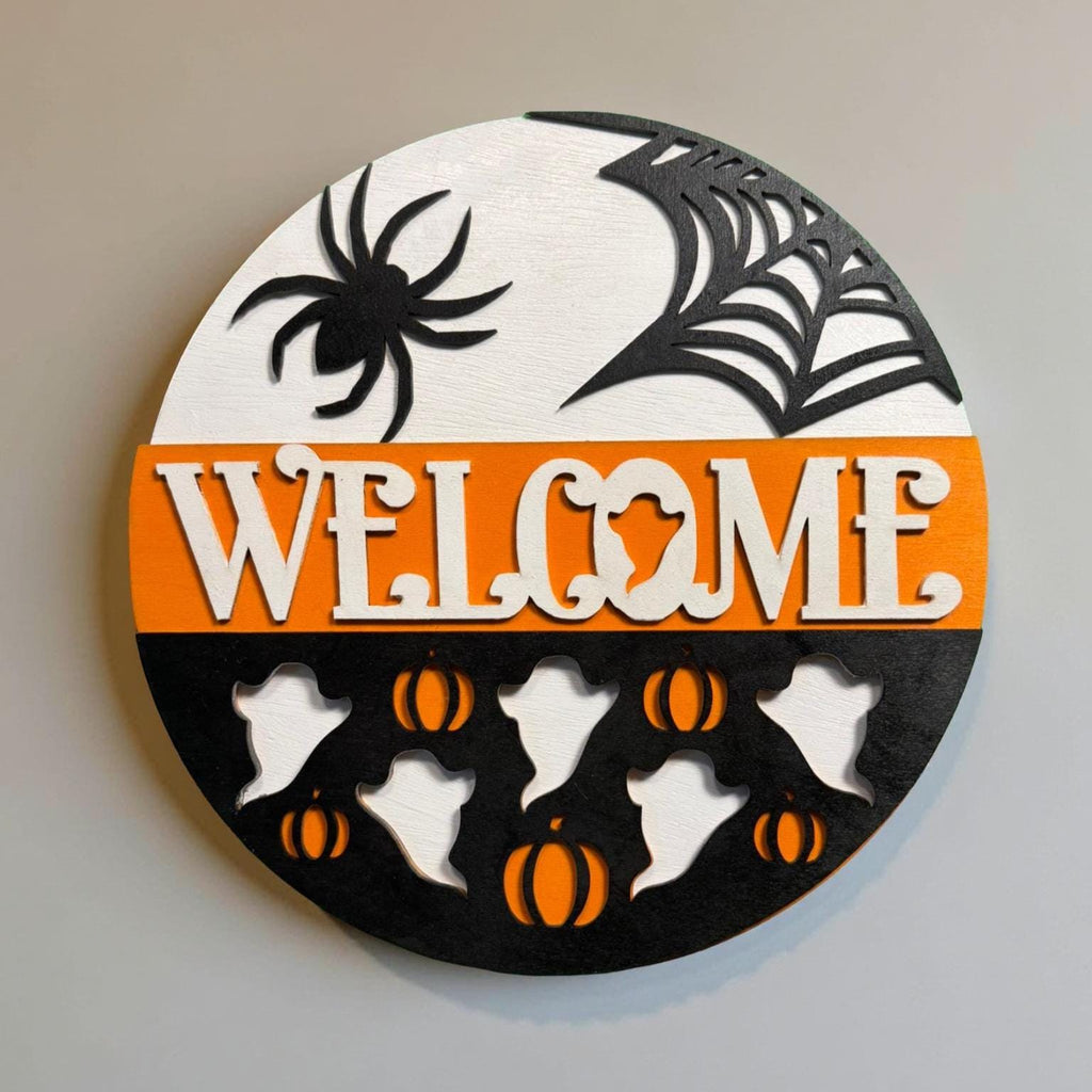 Halloween Welcome Sign: Layered Wood Ghost & Spider Door Hanger Seasonal Door Hanger