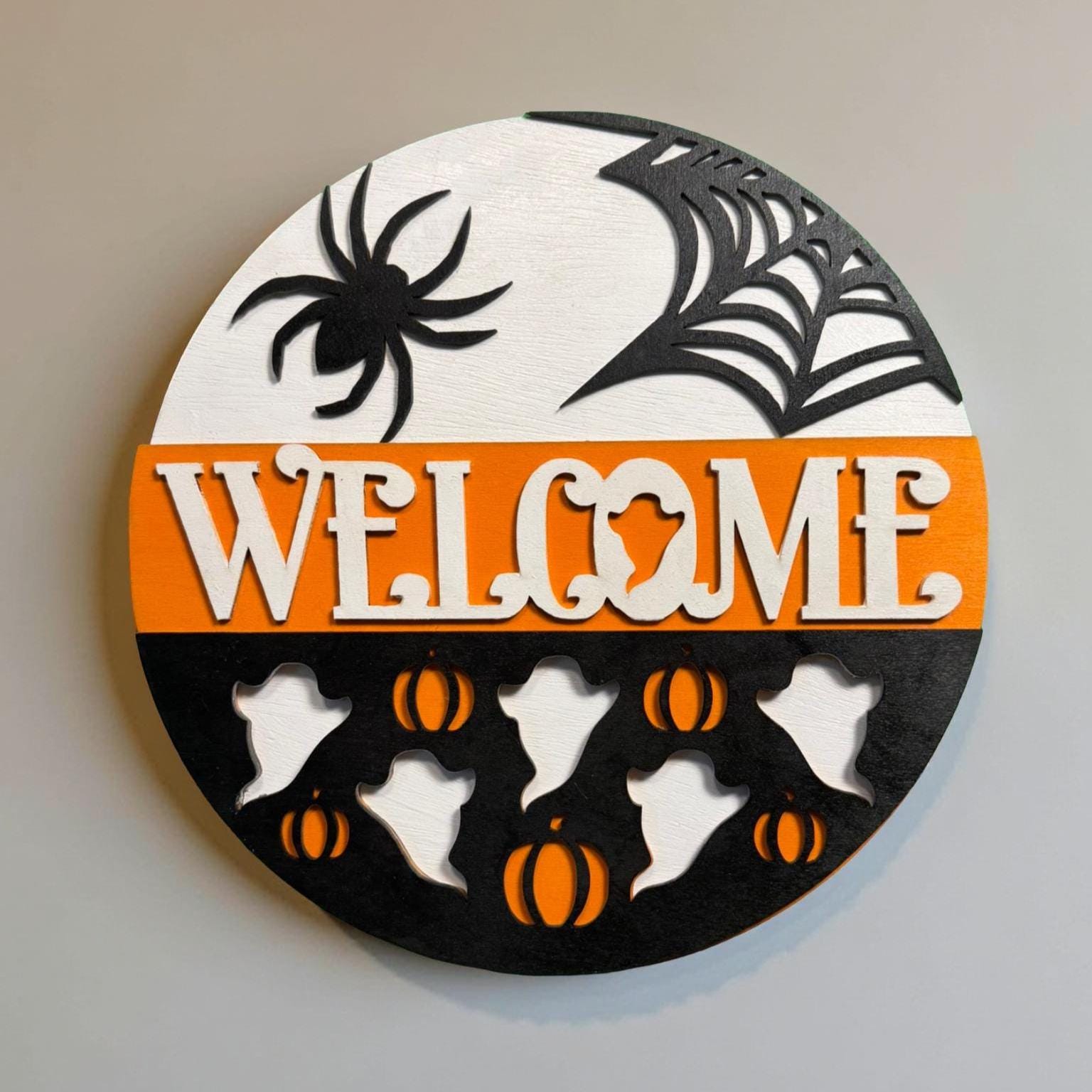 Halloween Welcome Sign: Layered Wood Ghost & Spider Door Hanger Seasonal Door Hanger