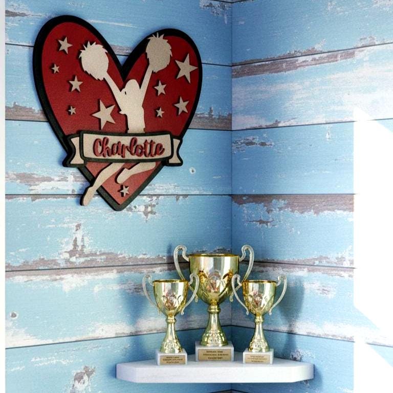 Personalized Cheerleader Heart Sign | Custom Name Wooden Cheer Decor | Girls Sports Room Wall Art Handmade 3D Wood Sign