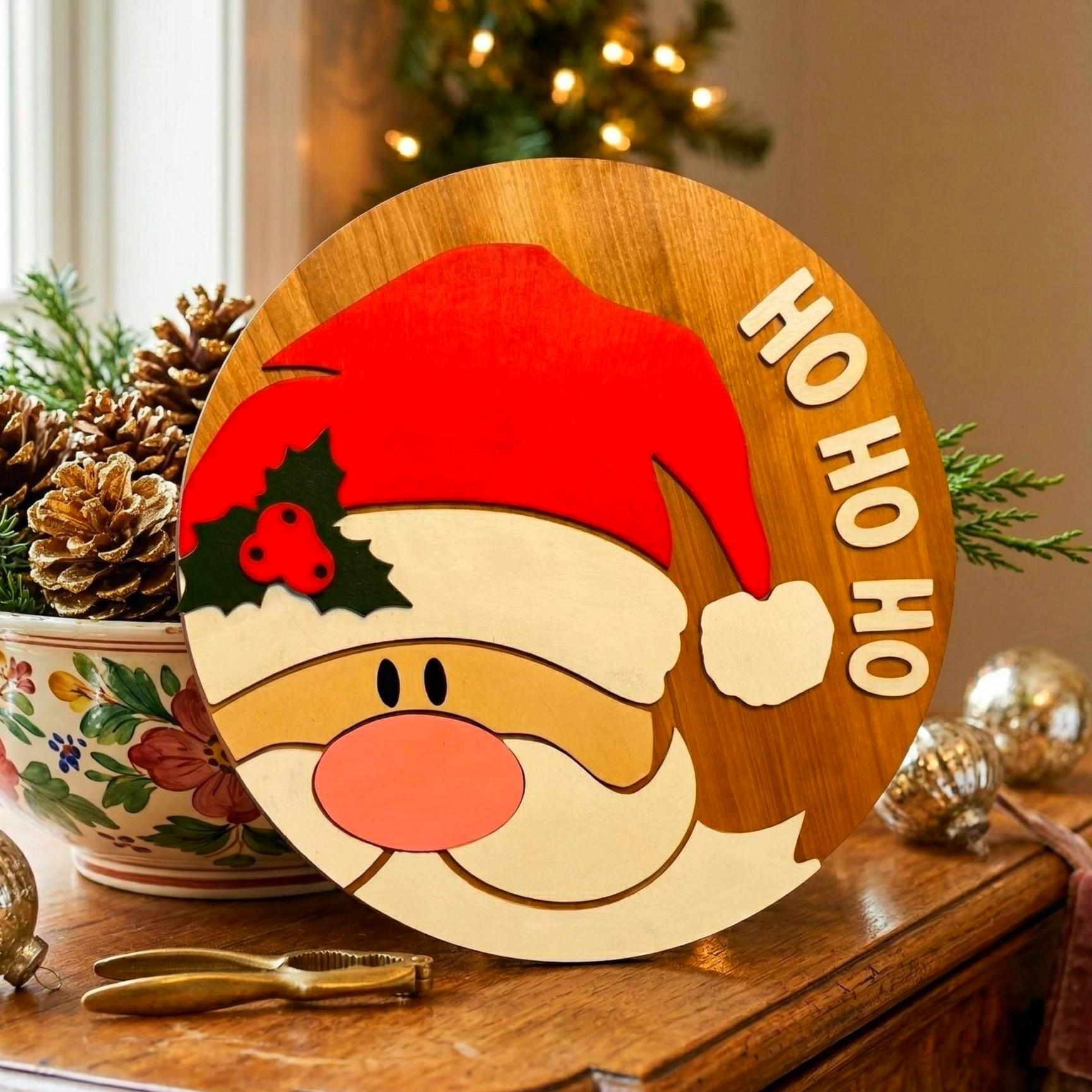 3D Layered Wood Santa Claus Sign - Large "Ho Ho Ho" Christmas Wall Decor Seasonal Door Hanger