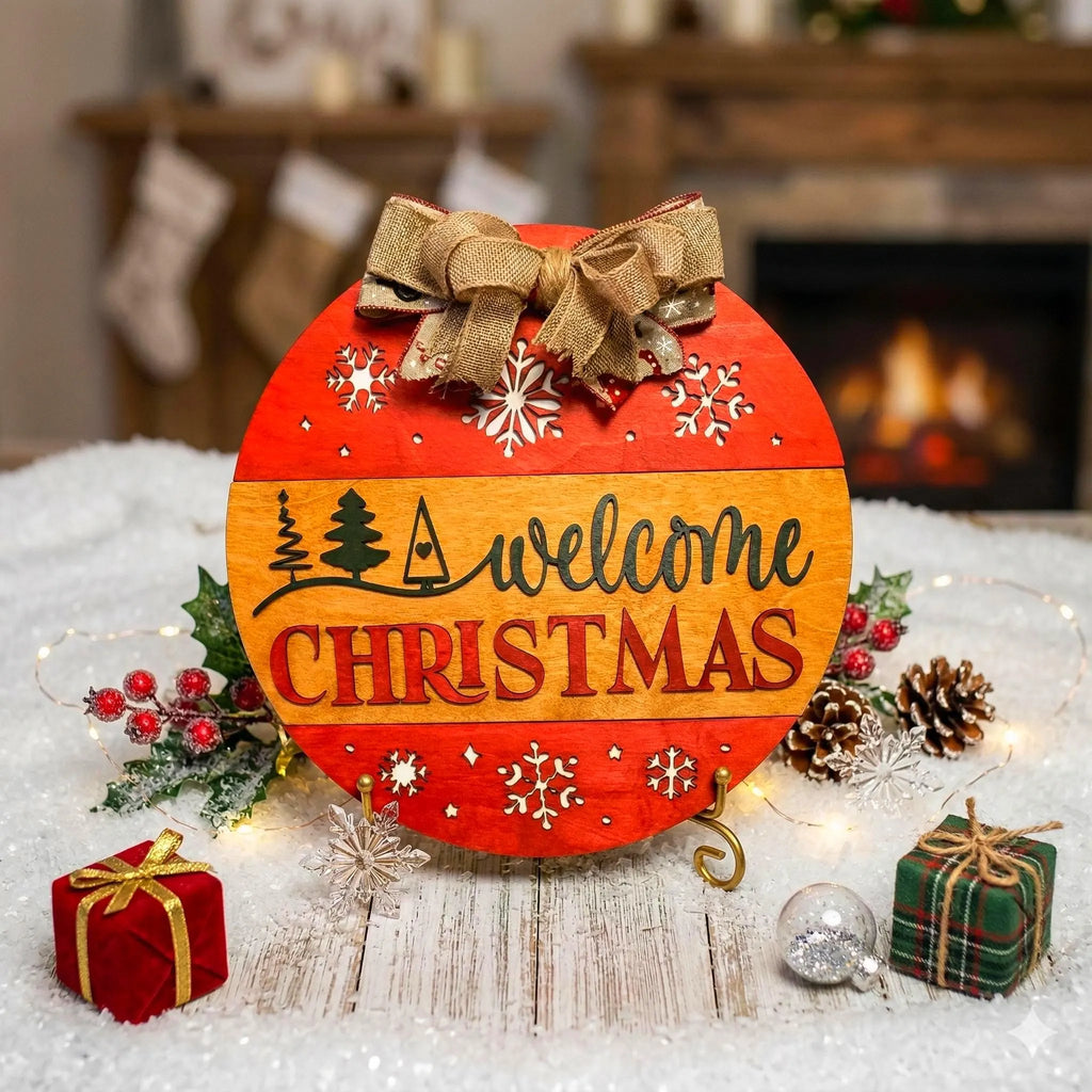 Welcome Christmas Sign – Round Wooden Door Hanger – Layered Holiday Decor with Seasonal Bow Seasonal Door Hanger