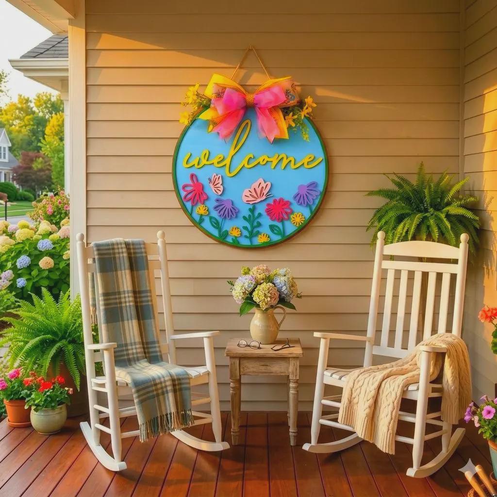 Spring Welcome Door Hanger, Colorful Floral Wooden Sign, Front Door Decor Handmade Wood Door Hanger
