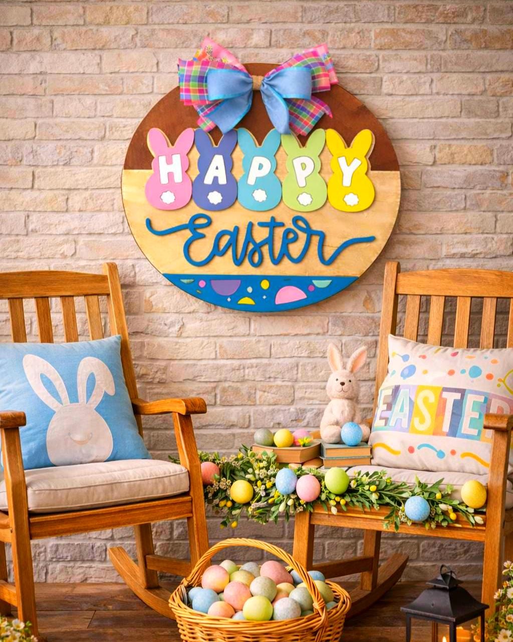 Happy Easter Wooden Sign | Farmhouse Spring Bunny Decor | Handmade Porch Door Hanger / Wall Hanging Seasonal Door Hanger