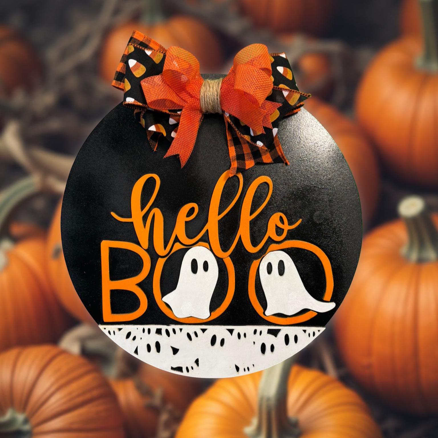 Ghost Halloween Sign: Layered Wood Door Hanger with Bow Seasonal Door Hanger
