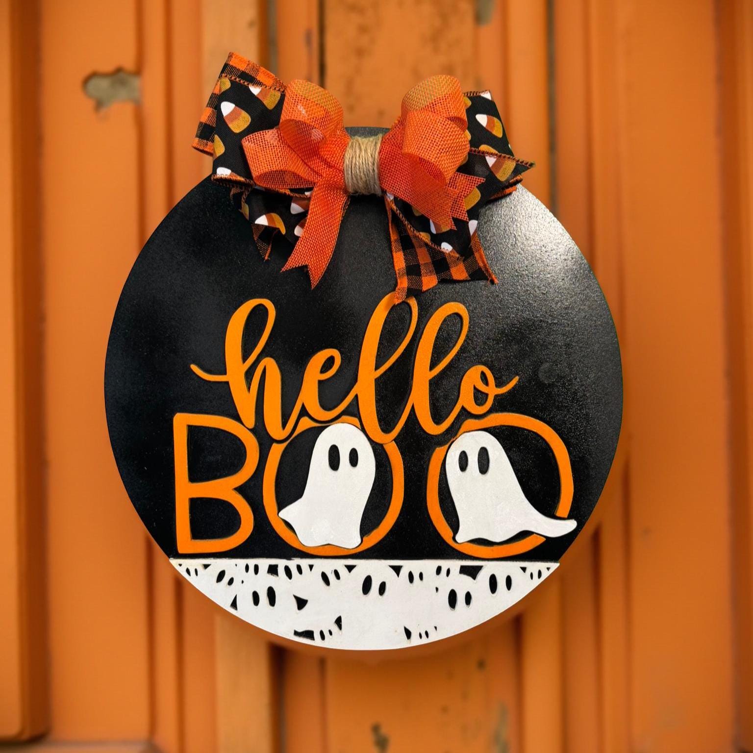 Ghost Halloween Sign: Layered Wood Door Hanger with Bow Seasonal Door Hanger