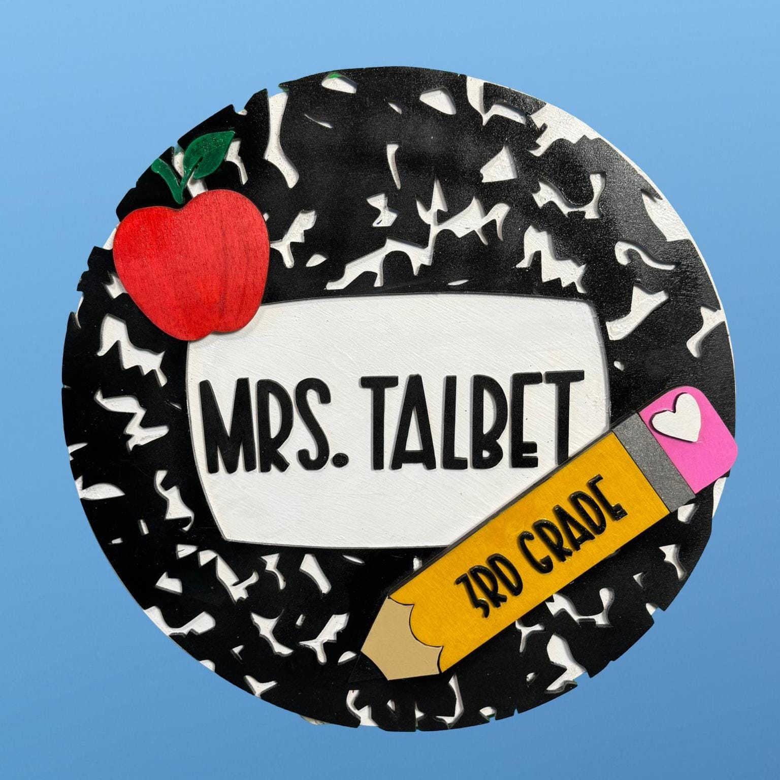 Personalized Teacher Wood Sign – Composition Notebook, Back-to-School Gift Handmade 3D Wood Sign