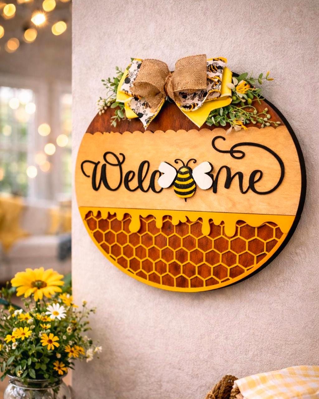 Welcome Honey Bee Wooden Door Sign, Bumble Bee Farmhouse Spring Summer Decor