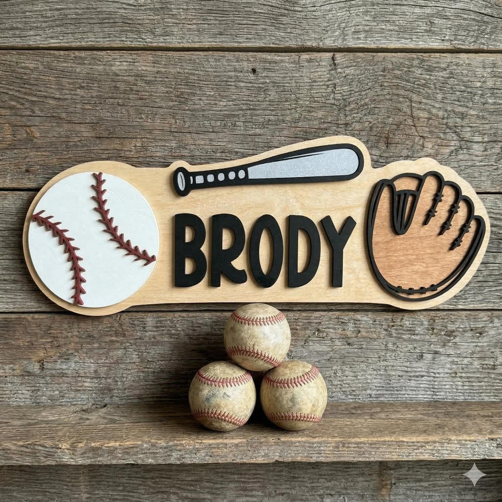 Personalized Baseball Name Sign – Custom Bat, Ball & Glove Cutouts – Layered Wood Sports Decor Custom Baseball Decor