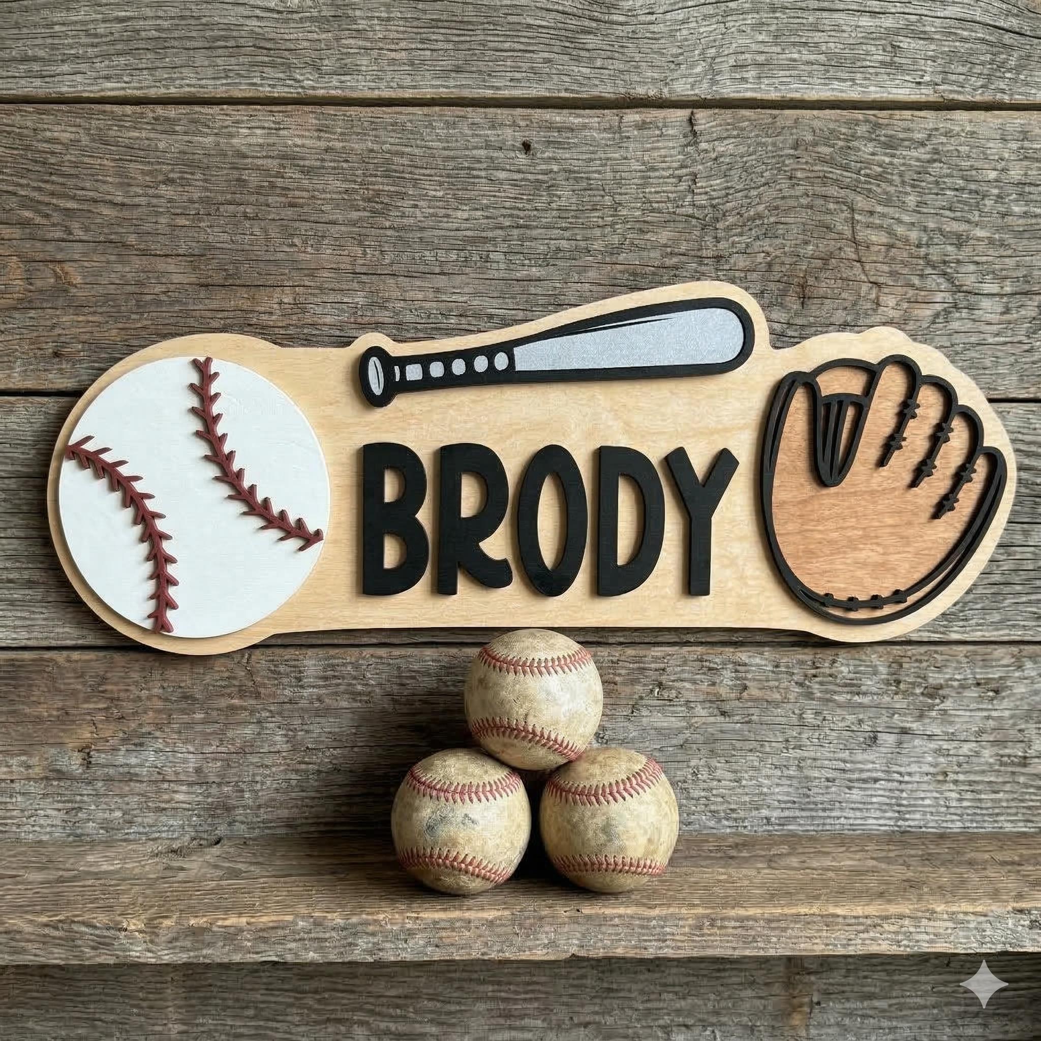 Personalized Baseball Name Sign – Custom Bat, Ball & Glove Cutouts – Layered Wood Sports Decor Custom Baseball Decor