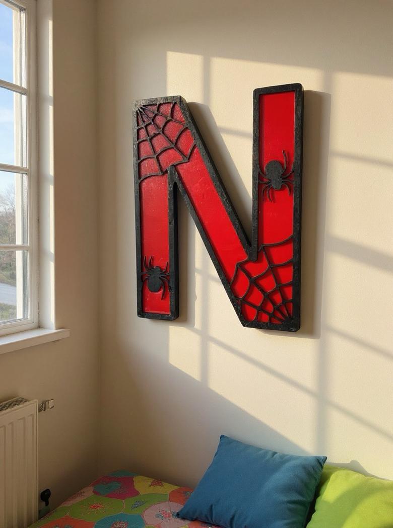 Personalized Spider Web Letter Sign | Handmade Superhero Wooden Wall Decor Handmade 3D Wood Sign