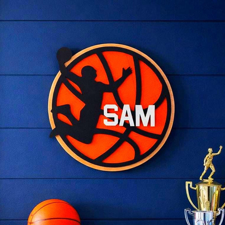 Personalized Basketball Name Sign – Custom Layered Wood Wall Decor – Sports Room Gift – Multiple Sizes Handmade 3D Wood Sign