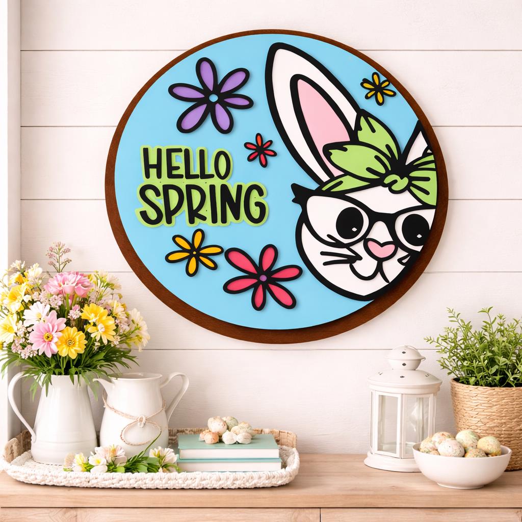 Hello Spring Bunny Sign | Layered Wooden Door Hanger for Spring