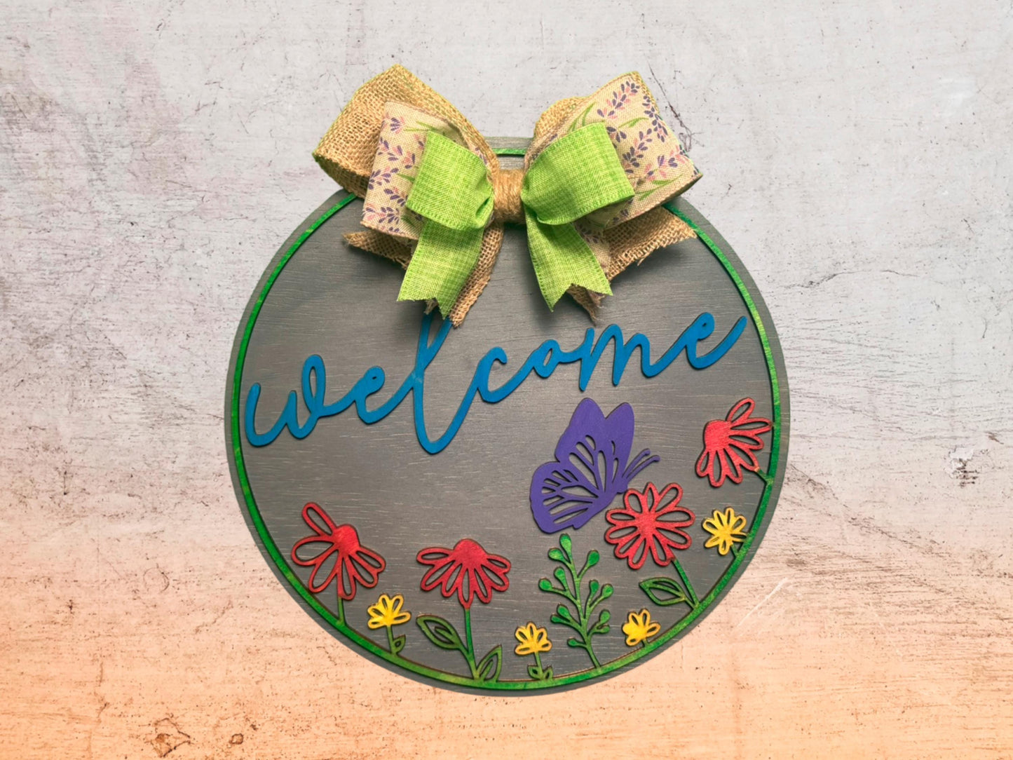Handmade Wooden Welcome Sign | 12.25" Round Butterfly & Floral Door Hanger | Multi-Layer Porch Sign with Bow | Handmade Farmhouse Door Decor