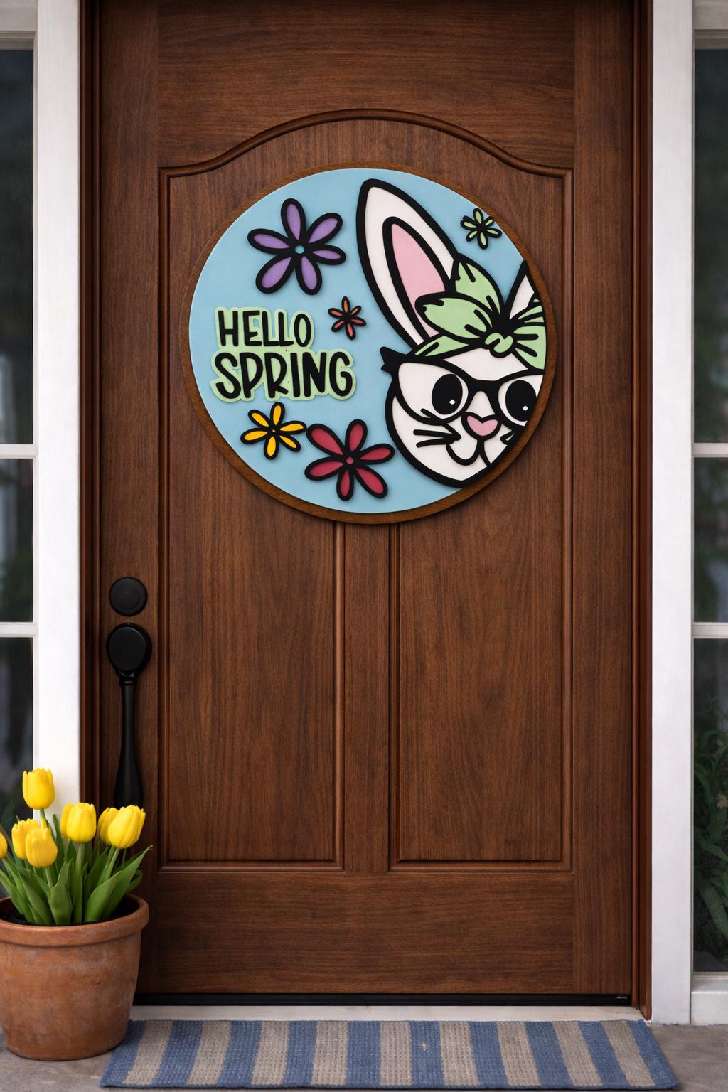 Hello Spring Bunny Sign | Layered Wooden Door Hanger for Spring