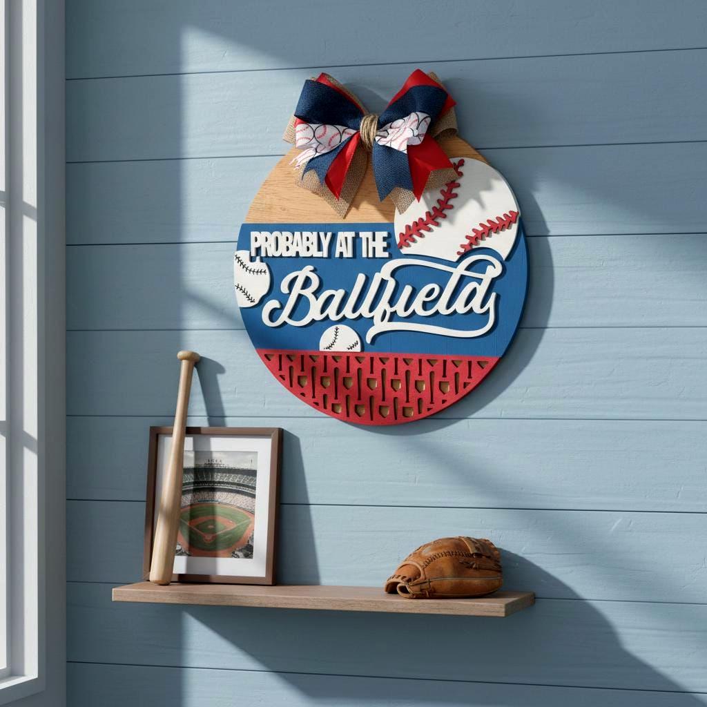 Baseball Sign Probably at the Ballfield: Multi-Layered Wooden Decor with Bow