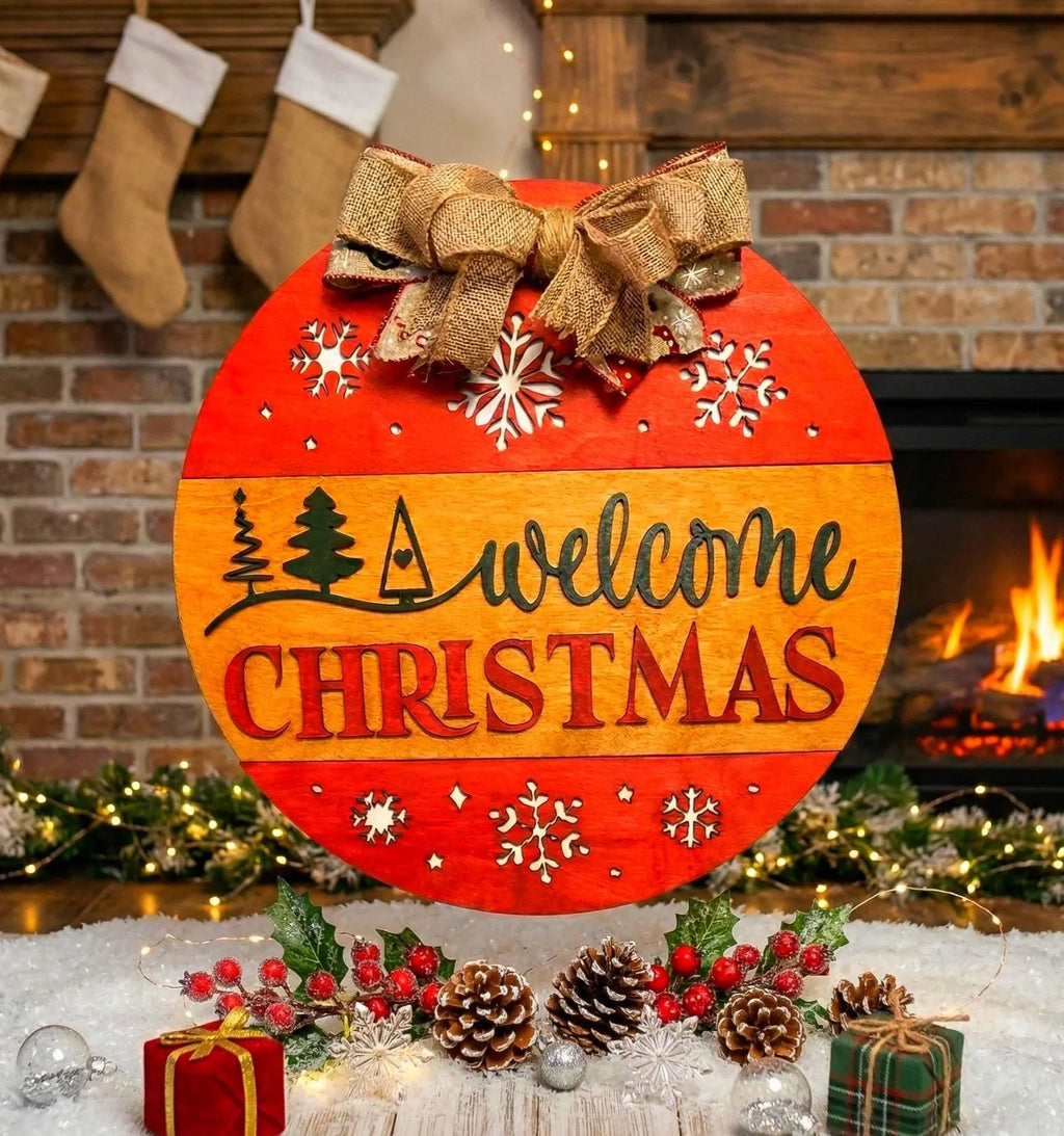 Welcome Christmas Sign – Round Wooden Door Hanger – Layered Holiday Decor with Seasonal Bow Seasonal Door Hanger