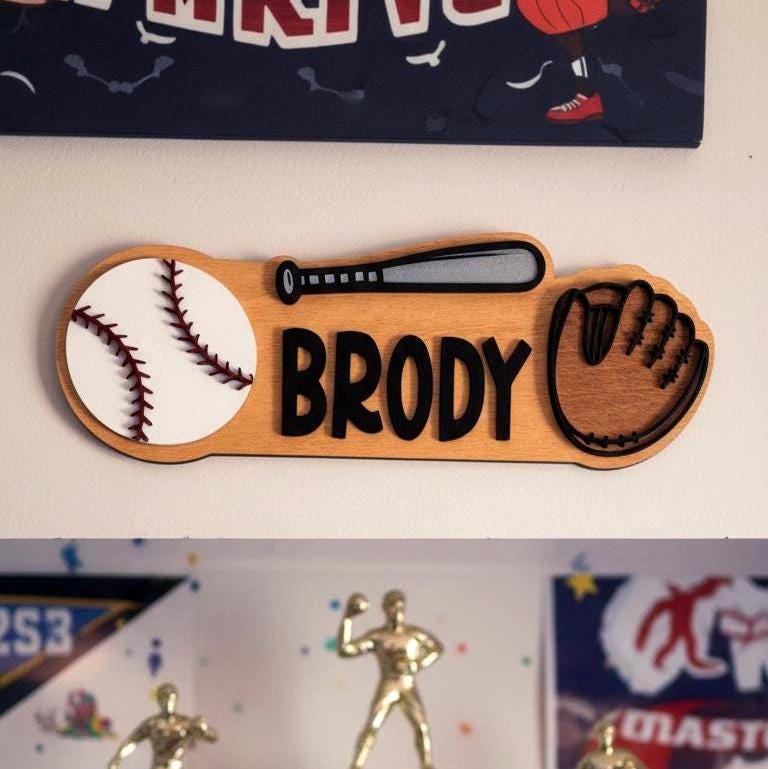 Personalized Baseball Name Sign – Custom Bat, Ball & Glove Cutouts – Layered Wood Sports Decor Custom Baseball Decor