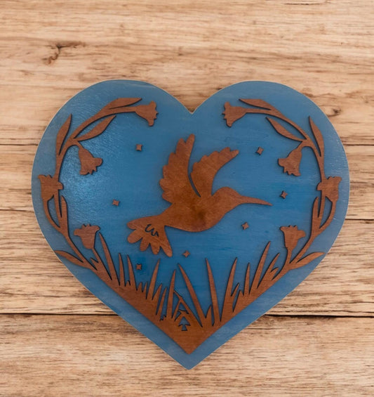Wooden Heart Sign w/ Hummingbird & Flowers, Wooden Hummingbird Decor, Floral Bird Hanging Wall Sign, Nature Wall Decor, Hummingbird, Flowers