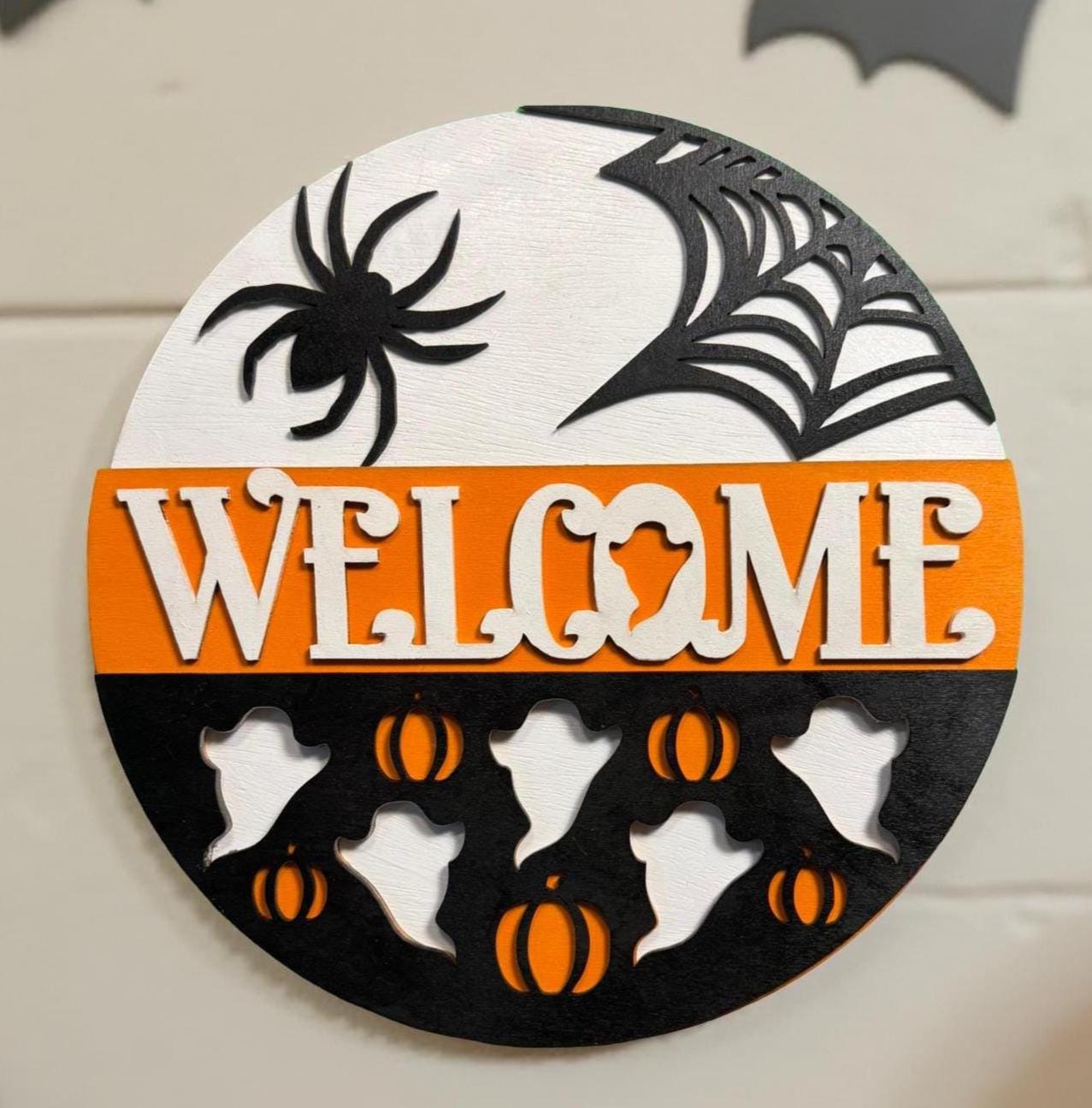 Halloween Welcome Sign: Layered Wood Ghost & Spider Door Hanger Seasonal Door Hanger
