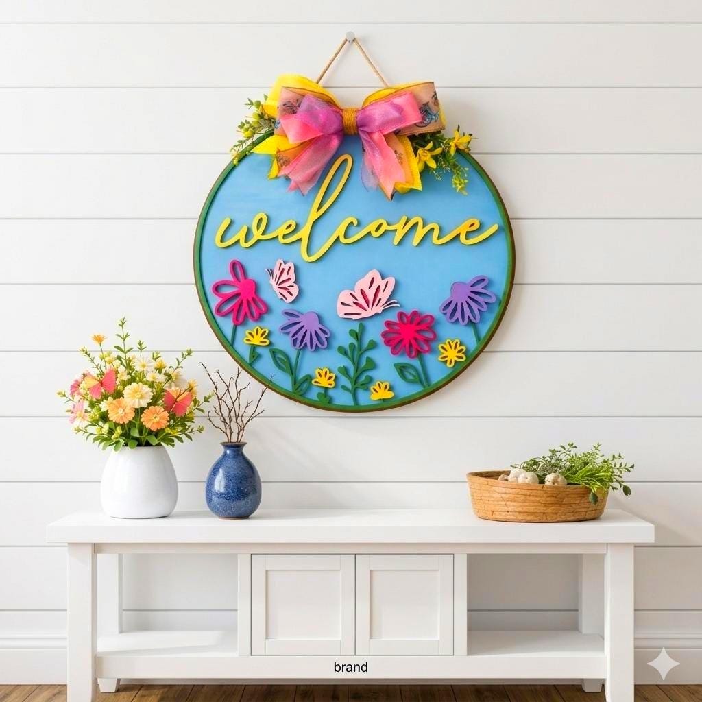 Spring Welcome Door Hanger, Colorful Floral Wooden Sign, Front Door Decor Handmade Wood Door Hanger
