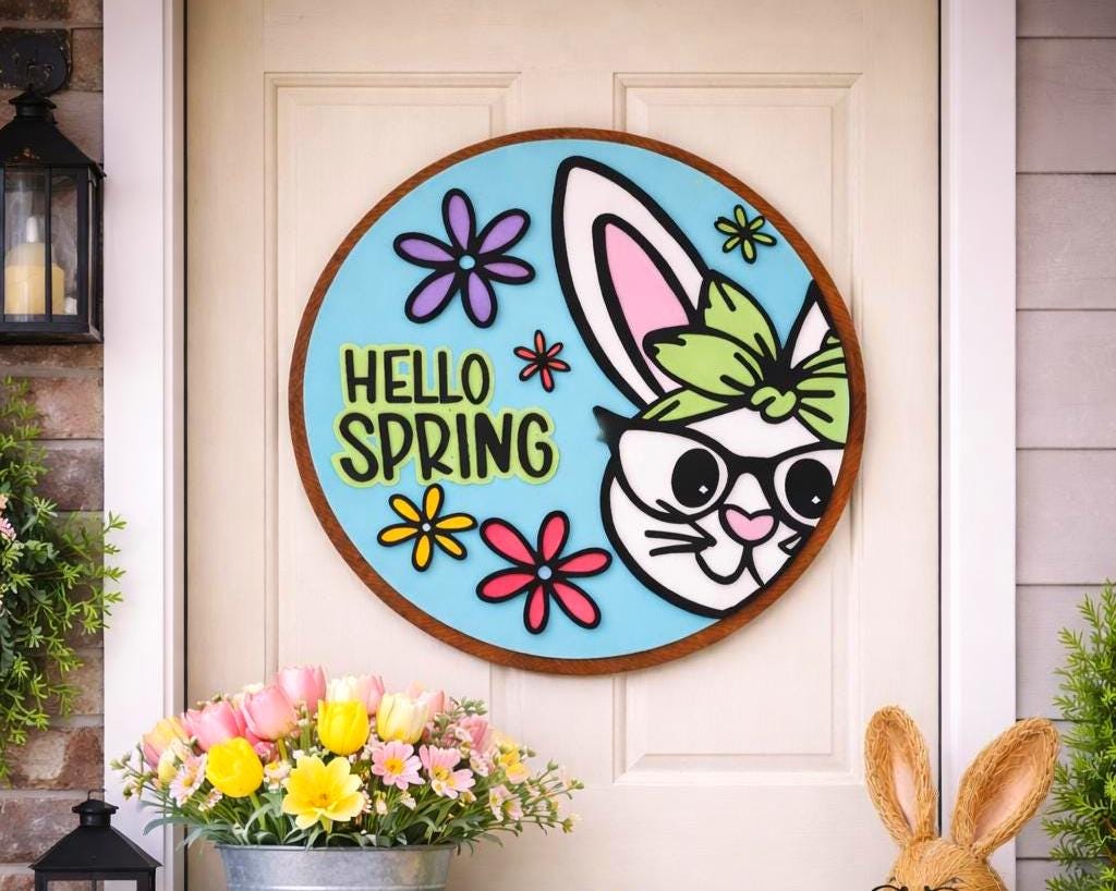 Hello Spring Bunny Sign | Layered Wooden Door Hanger for Spring