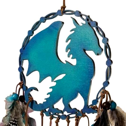 Dream Catcher Hanging with Feathers – Handmade Dragon Gift for Bedroom or Wall Handmade Wood Decor