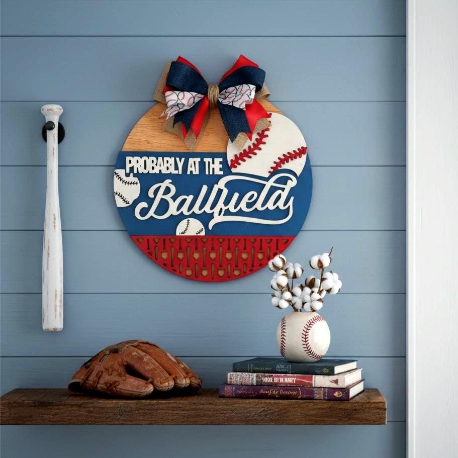 Baseball Sign Probably at the Ballfield: Multi-Layered Wooden Decor with Bow